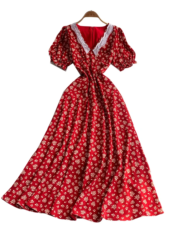 Red Floral Lace Splice V-ne Bubble Sve Dr Women's Summer Slimming Long Skirt High Waist A-line Midi Dr Korean Sle