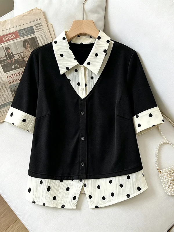 

plus Size Women's Summer 2026 Korean Style Fashion Polka Dot Fake Two-Piece Shirt Versatile Short Sleeve Slimming Top