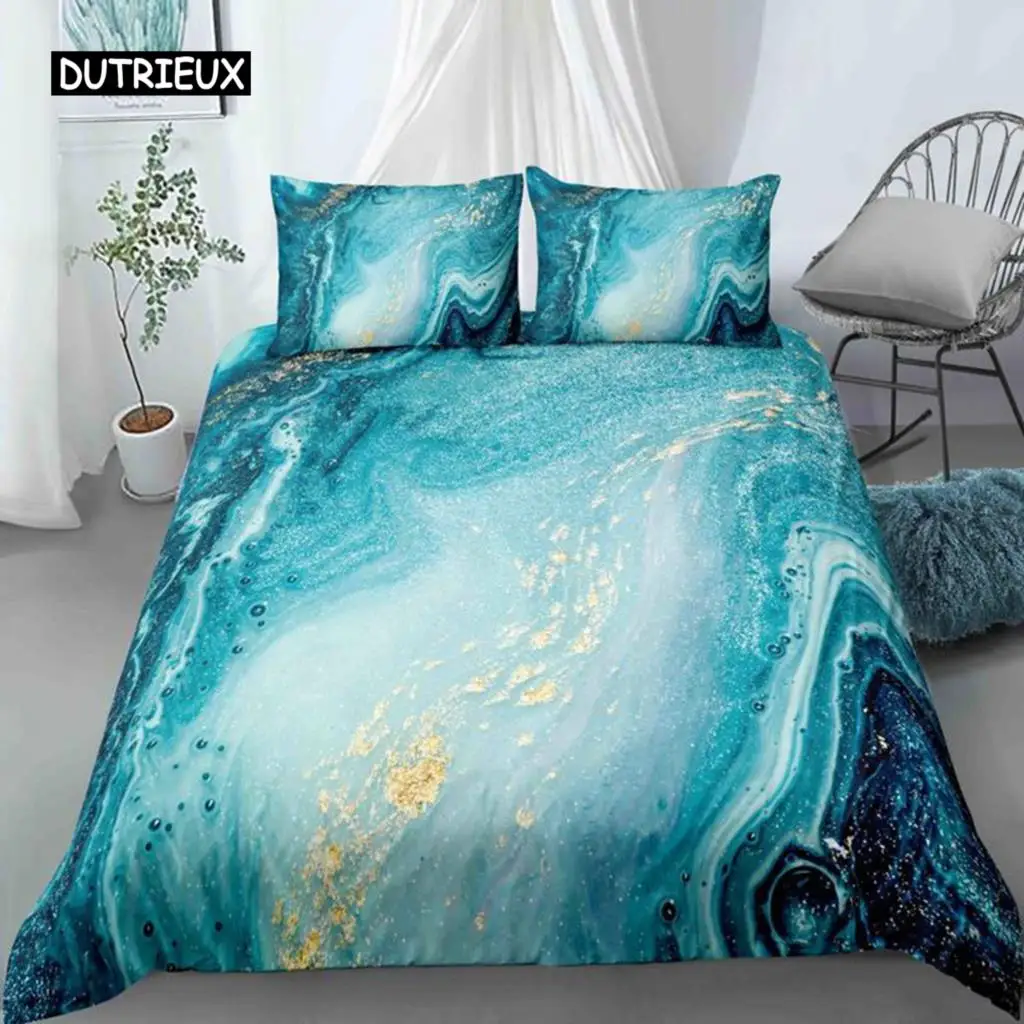 

Chic Marble Duvet Cover Microfiber Mint Gold Glitter Turquoise Bedding Set Abstract Aqua Blue Quilt Cover Single Twin Full Size