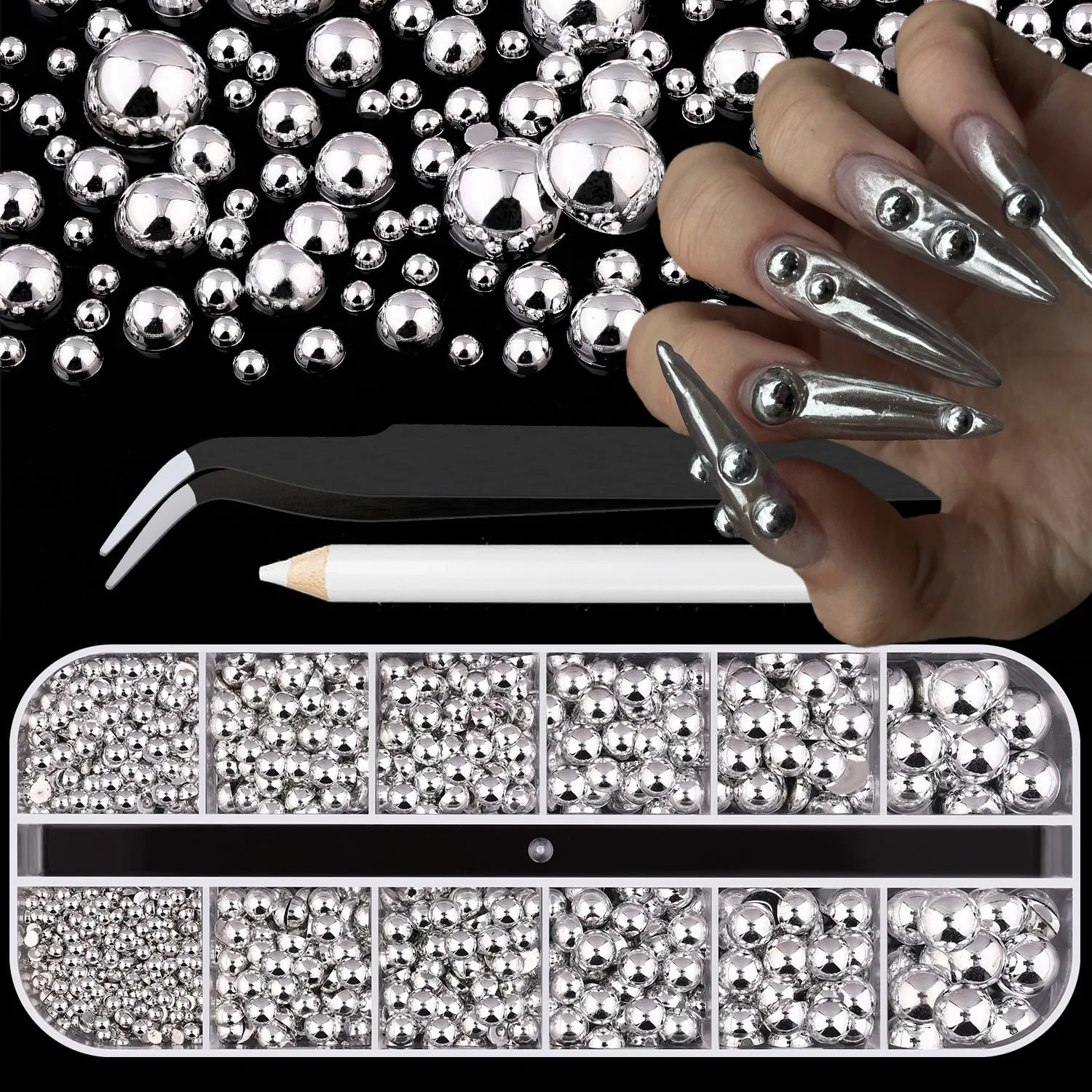 12グリッド3DパンクスタイルパールセミボールネイルアートデコレーションシルバーゴールドミックスサイズジュエリーネイルアクセサリーシャイニーDIYネイルジュエリー
