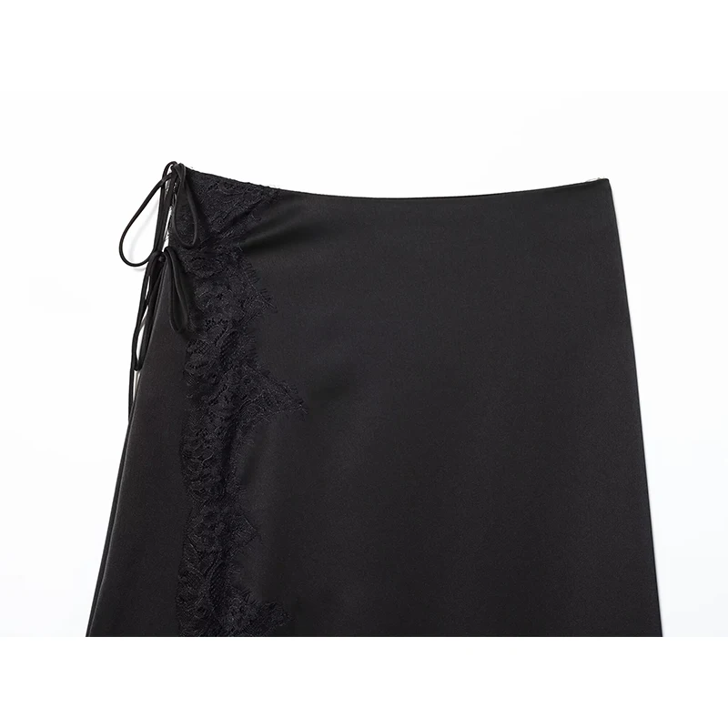 Sexy feminino renda guarnição preto cetim saia amarrando mid-rise fenda hem assimétrico midi saia faldas mujer