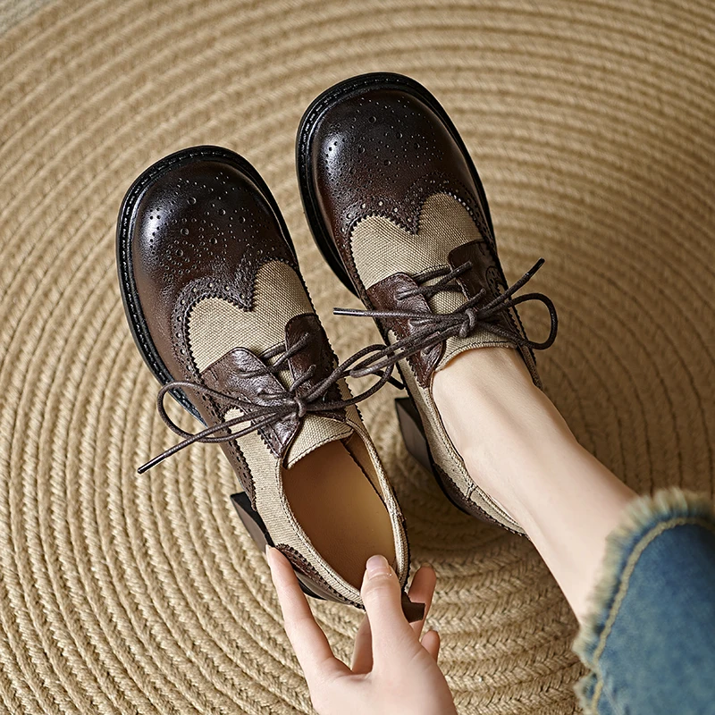 

Fashion Women Summer Loafers Shoes Brogue Genuine Leather Oxford Shoes Round Toe Casual Mid Heels Daily Office Dress Size 34-40