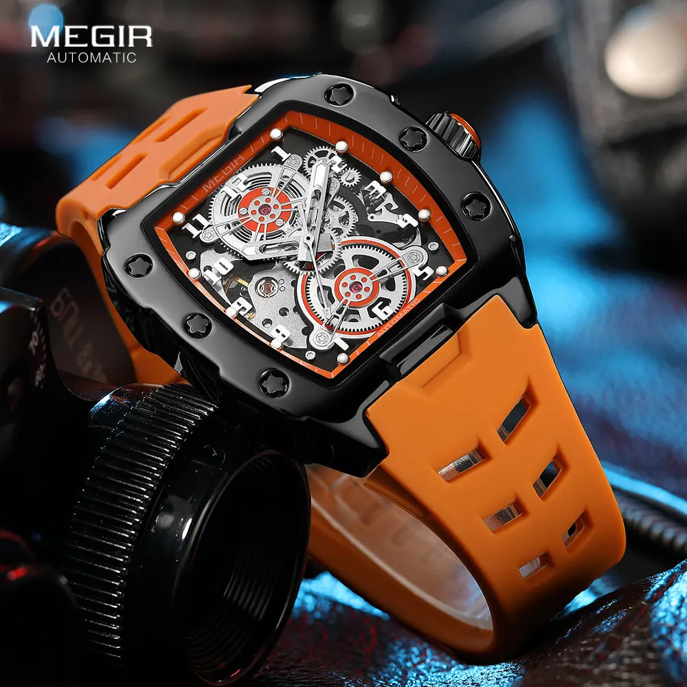 MEGIR 8602 Fashion Orange Automatic Watch Men Waterproof Luminous Mechanical Wristwatch with Tonneau Hollow Dial Silicone Strap