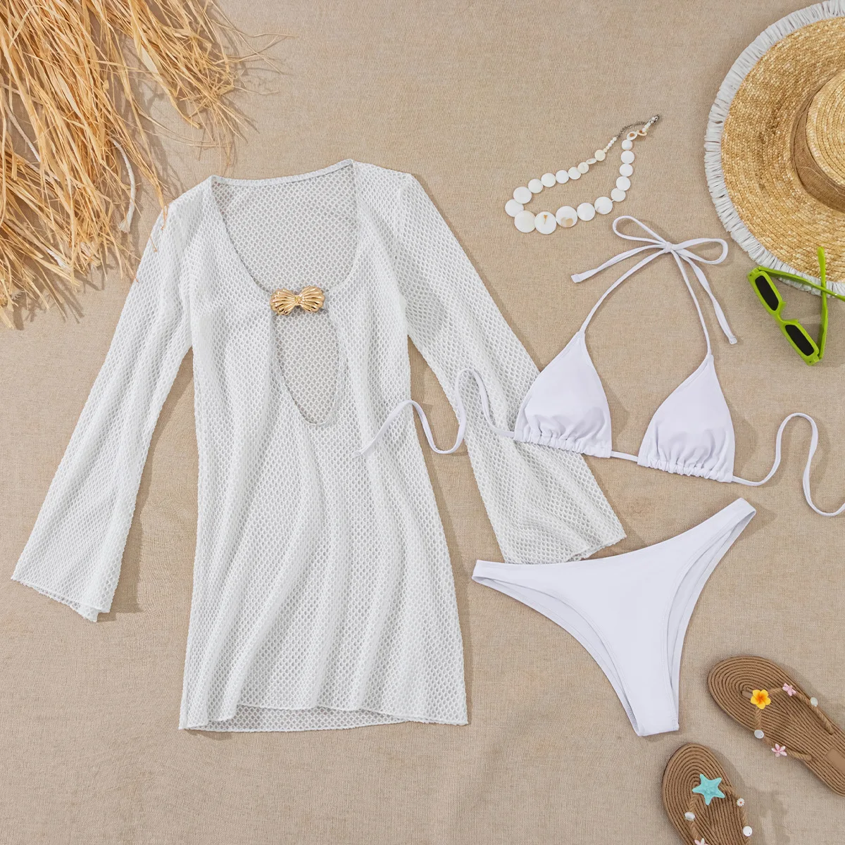 

sexy white plain micro bikinis sets 3pcs with hollow out mesh long sleeve deep v-neck mini dress swimsuits bathing suit biquini