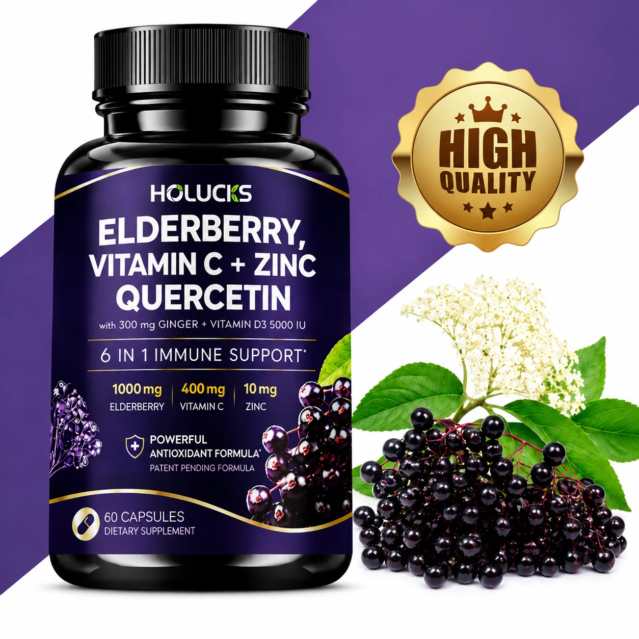 Elderberry Supplement with Quercetin Vitamin C and Zinc, 6 IN 1, Immune Energy Support, Antioxidant, for Bone & Joint Health