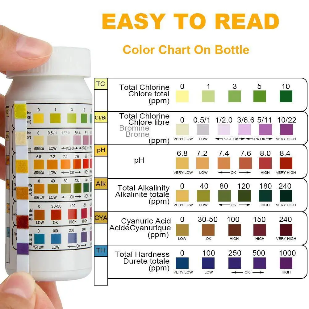 50 UDS 6-in-1 chlorine immersion test strip vortex pH tester paper swimming pool test strip hot spring water test