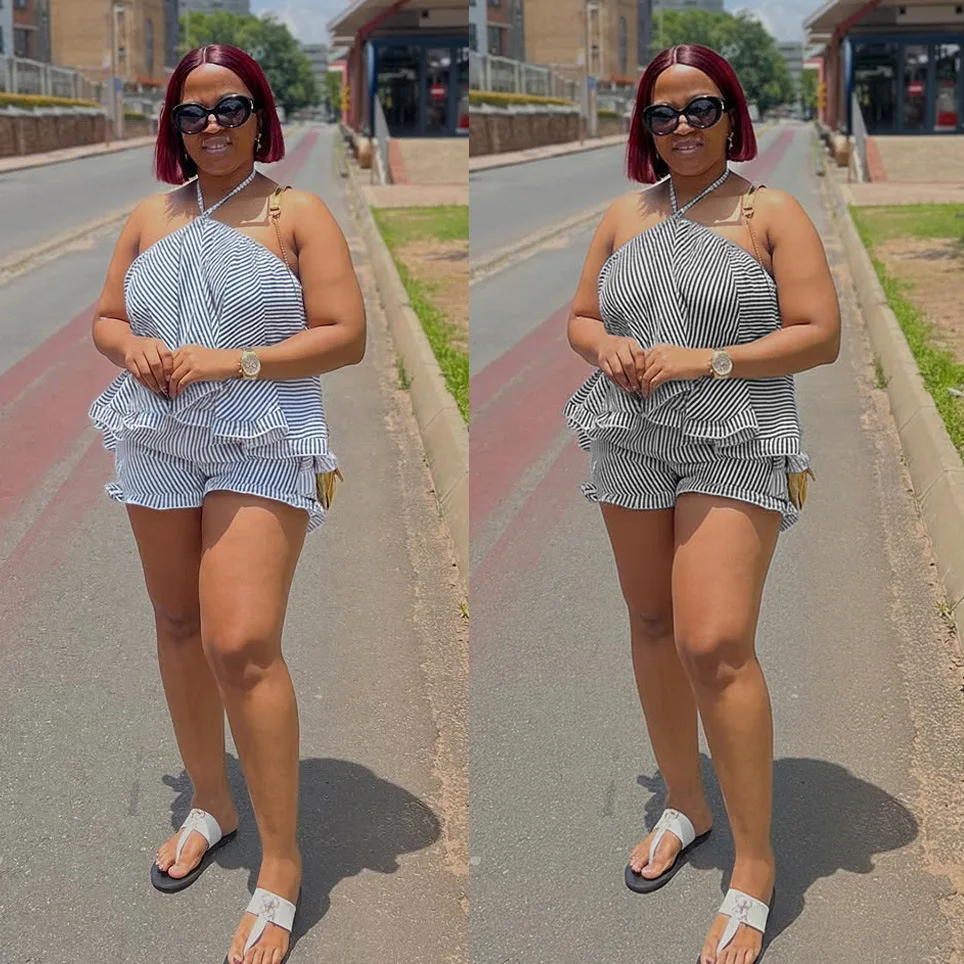 

Shorts Pant Set Women Two Piece Sets Halter Sleeveless Ruffles Tops Sexy Striped Short Pants High Waist Y2k Streetwear 2026