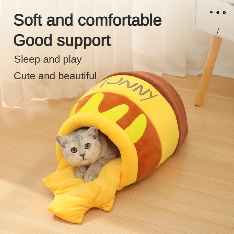 Cute Honey Pot Cat Bed Honey Jar Shape House Plush Cartoon Warm Pet Bed Cat Condo Mat Soft Pet House For Small Cats Dog