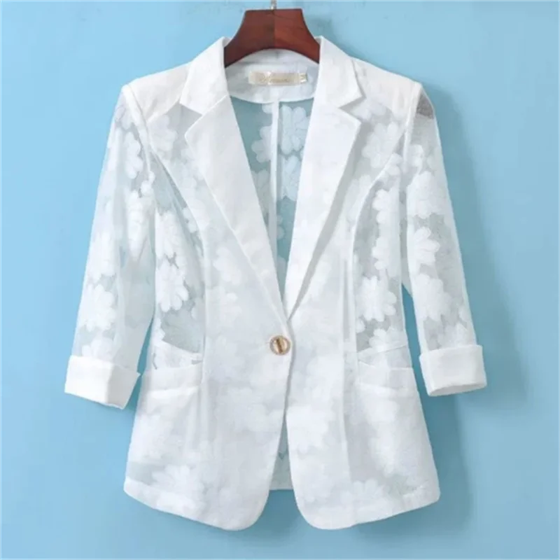 2023 Summer New Women Blazer Jacket Three-quarter Sleeve Suit Top Ladies Thin Cardigan  Sun Protection Clothing Hollow Lace