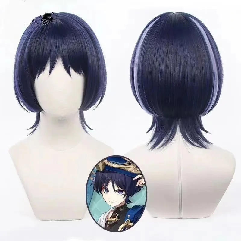 Genshin Impact Scaramouche Wanderer Cosplay Wig Pre-Styled Dark Blue Synthetic Hair Heat Resistant for Halloween Cosplay view 2