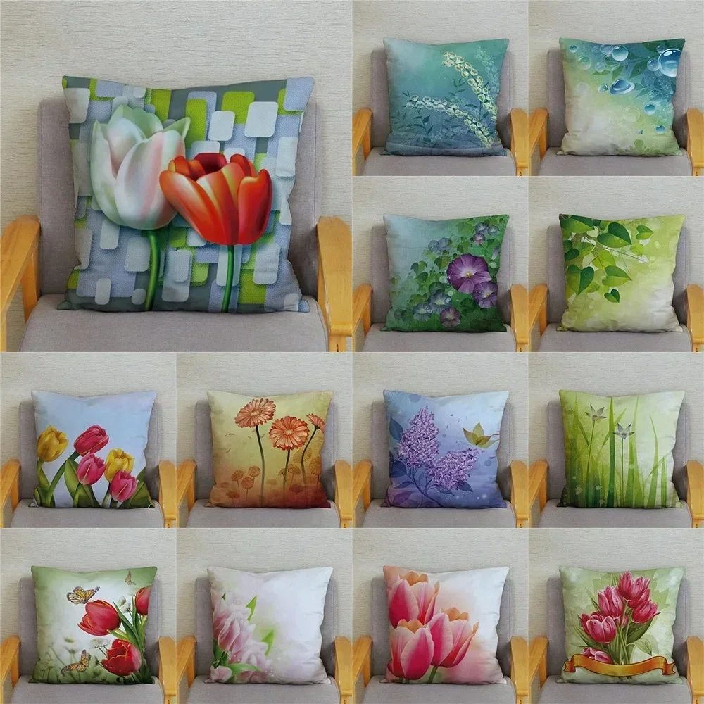 Tulip Flower Print Pattern Cushion Cover Car Living Room Sofa Luxury Home Decoration Pillow