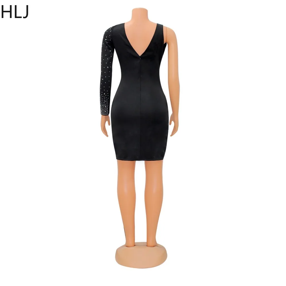 HLJ Fashion Rhinestone na jedno ramię Bodycon imprezowe sukienki seksowne dekolt z dekoltem dekolt Mini damska luksusowa diamentowa nieregularna