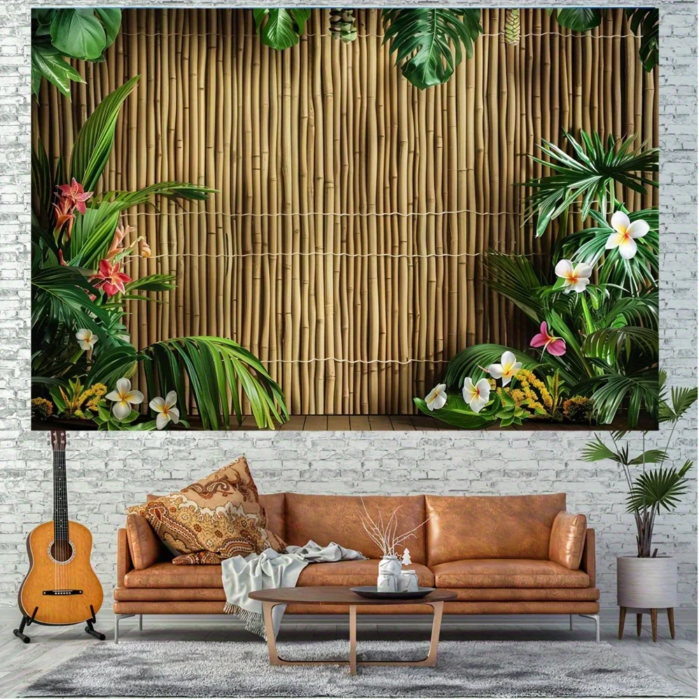 1 tropical bamboo wall background with palm leaves and hibiscus flowers - Hawaiian beach photography background - view 4