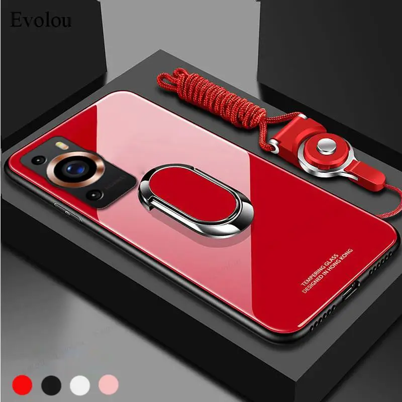 P60 Pro Magnetische Ring Ständer Halter Fall Für Huawei P60 Pro 5G P50Pro P40 Lite Gehärtetem Klasse Harte stoßfest Zurück Abdeckung Lanyard