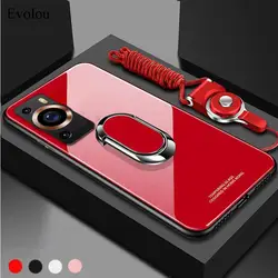 P60 Pro Magnetic Ring Stand Holder Case For Huawei P60 Pro 5G P50Pro P40 Lite Tempered Class Hard Shockproof Back Cover Lanyard