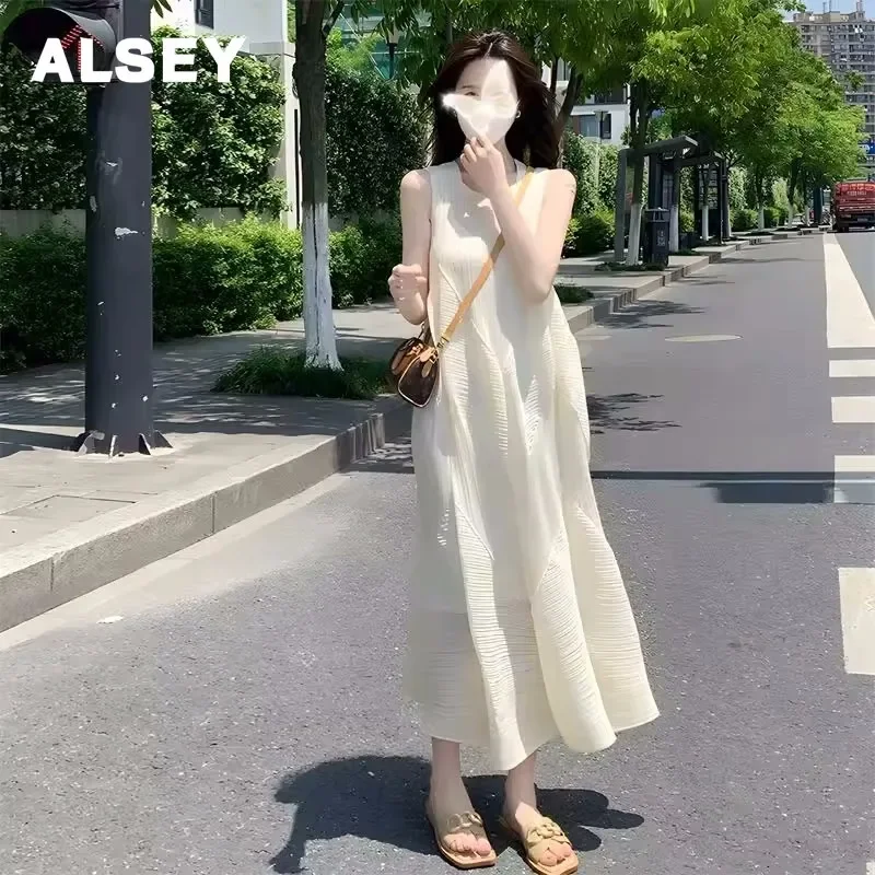 

ALSEY Miyake Pleated Pod Long Dresses Plus Size Loose Sleeveless Women Designer Aesthetic Elegant Party Dresses New Summer 2023