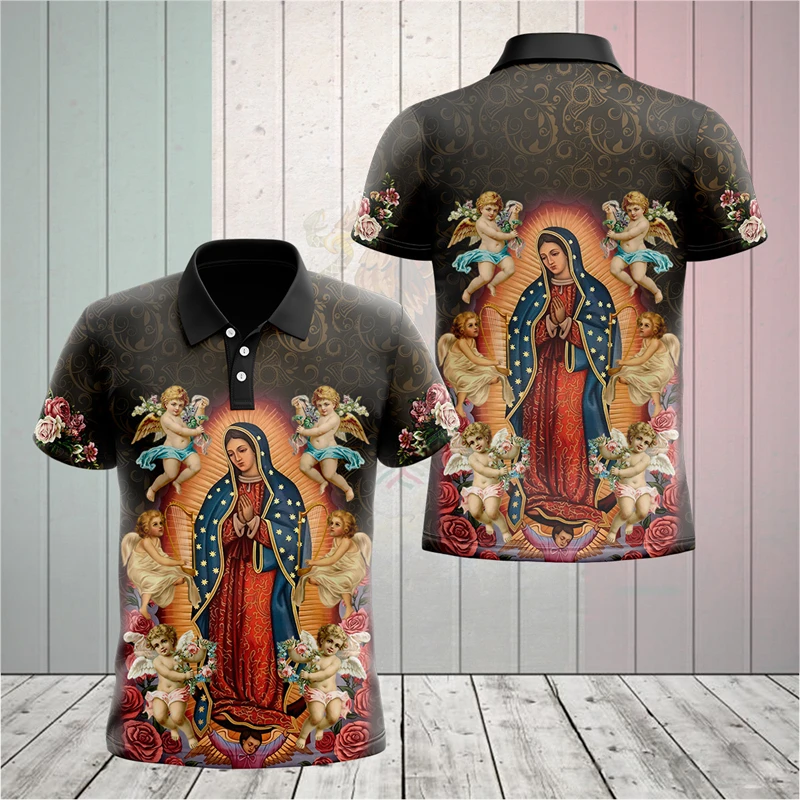 3D Printed Short Sleeve Polo Shirts For Men Clothes Christian Virgin Mary Jesus Button Shirt Women Lapel Top Gift For Christians