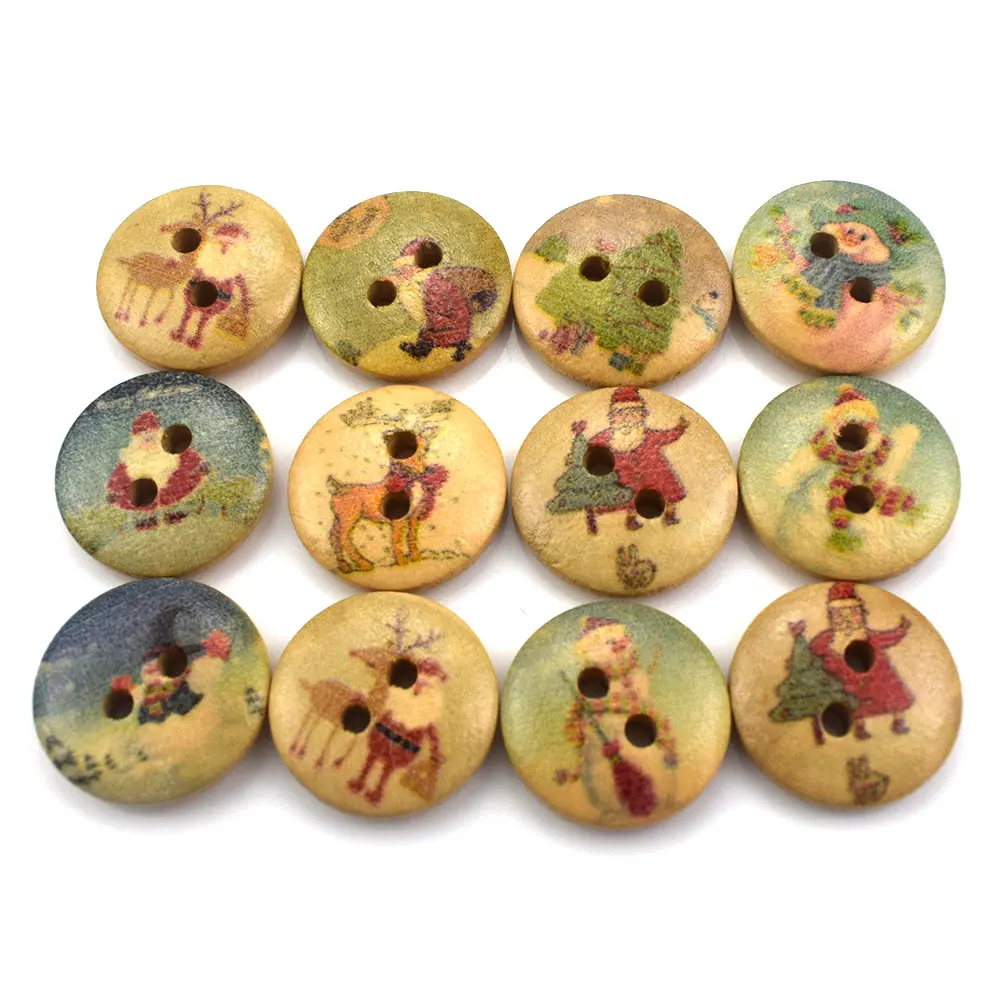 Round Christmas Theme Wooden Buttons, Sewing, Scrapbooking, Clothing Accessories, Crafts Decor, 15mm, 50Pcs