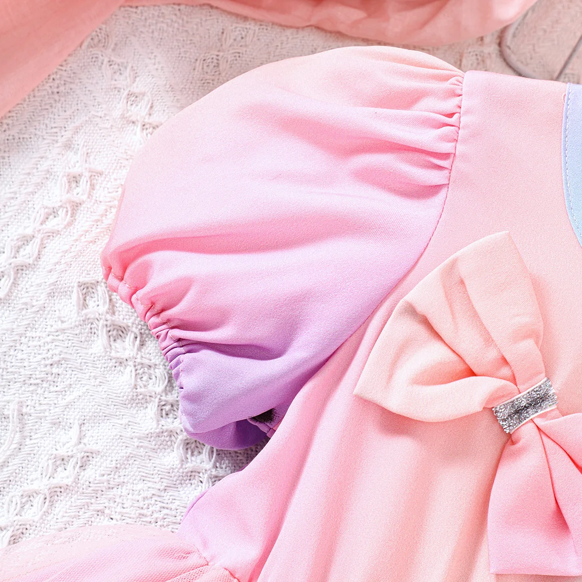 Summer New Leisure Fashion Gradient Bubble Sleeves Bow Colored Mesh Dress For Primary And Secondary School Girls