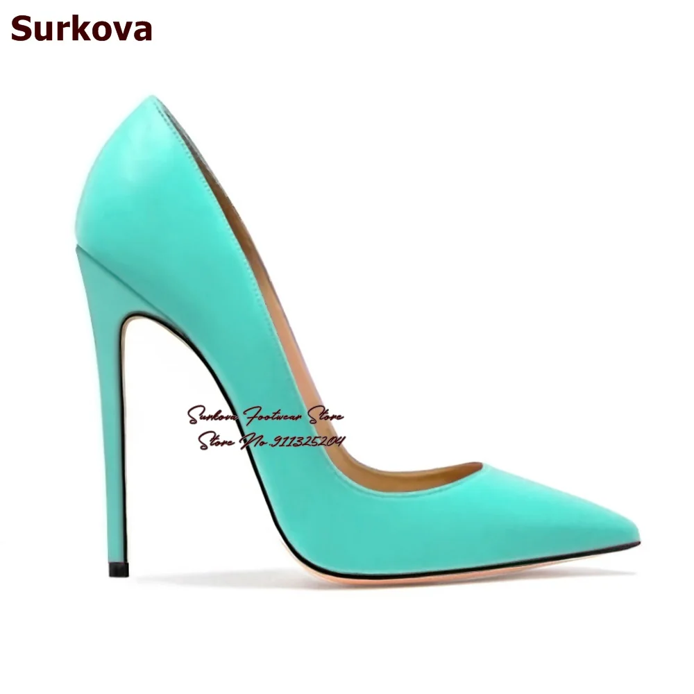 Surkova 12cm 10cm 8cm Stiletto Heels Shallow Pumps Slip-on Pointed Toe Wedding Shoes Dark Blue Lilac Matte Leather Banquet Heels