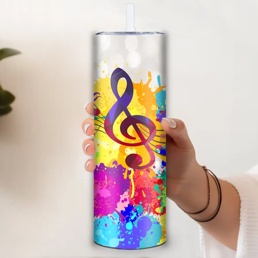 20oz 3D Print Colorful Paint Musical Notes Festive Party Tumblers Straw Lid Stainless Steel Seamless Inflated Coffee Vacuum Cups