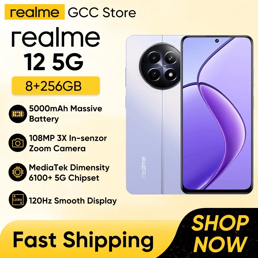 Realme 12 5G 108MP Ultra-clear Camera 8GB+256GB Smartphone 45W SUPERVOOC Charge 5000mAh Battery 6.72'' FHD+ Display Dual-SIM