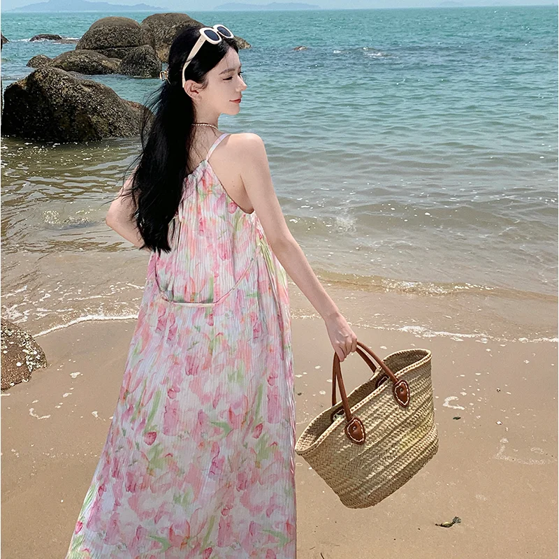 New Summer Halter Midi Women Dresses 2023 Simple Pink Loose Robe Beach Vacation Long Sweet Gentle Sundress Korean Lolita Style