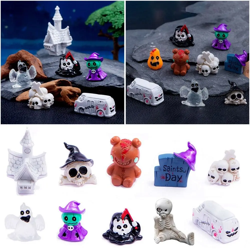 Multicolor Halloween Miniature Figurine Bone Skull skeleton Castle Car Wizard Cartoon Scary Bear Statue Micro Landscape