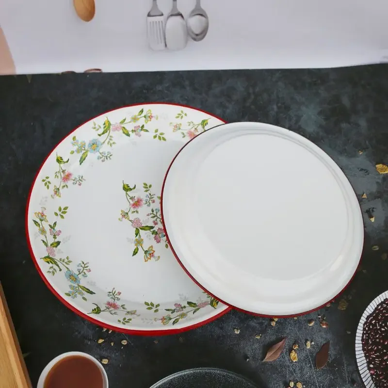 35CM Large Enamel Serving Tray with Red-Trim, Rust-Resistant & Heat-Resistant, Multi-Purpose for Tea, Snacks & BBQ, Retro Style