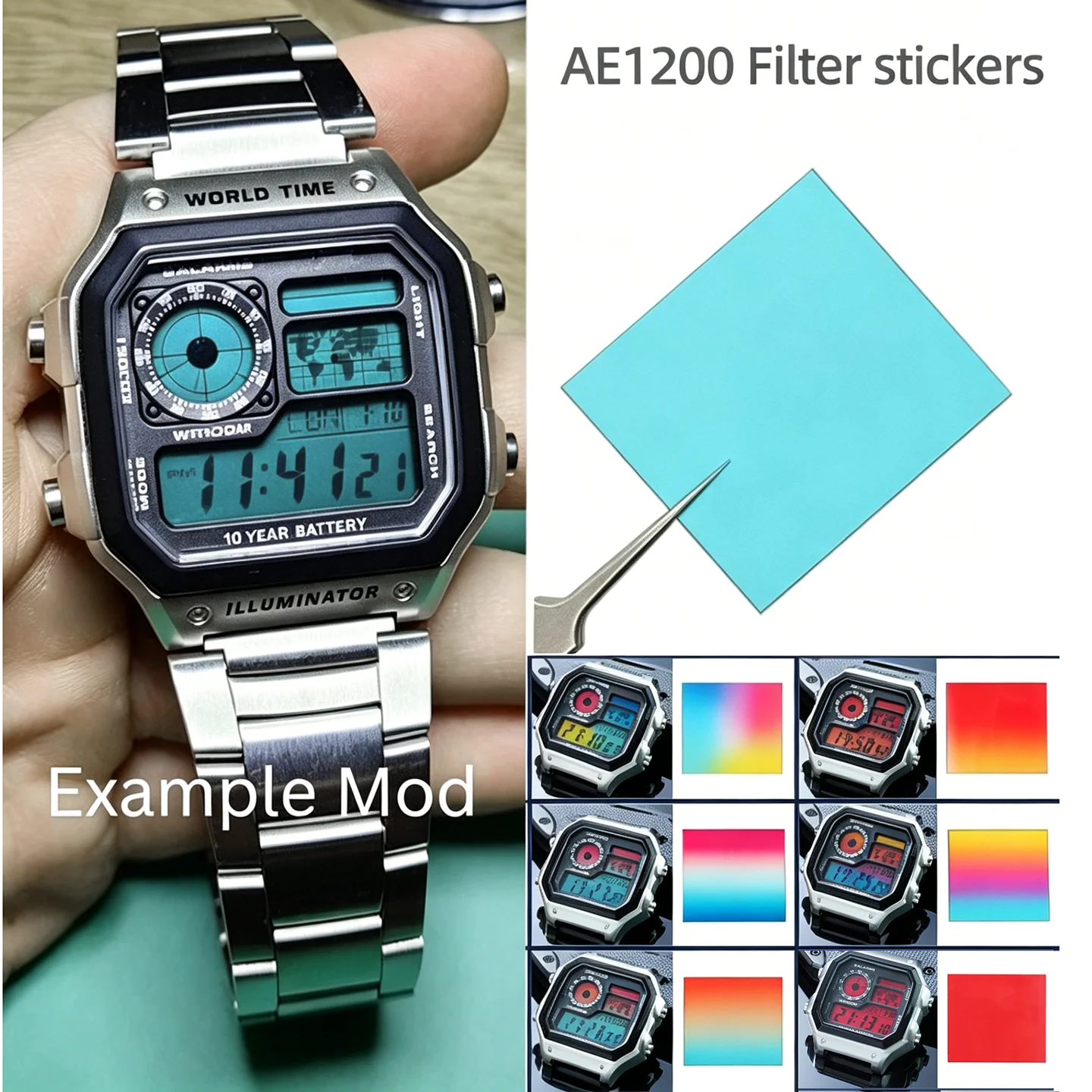 AE1200 Color Display Film DIY color changing sticker Overlay Sticker Display screen filter For Casio AE1200 AE1300 WS1600 watch