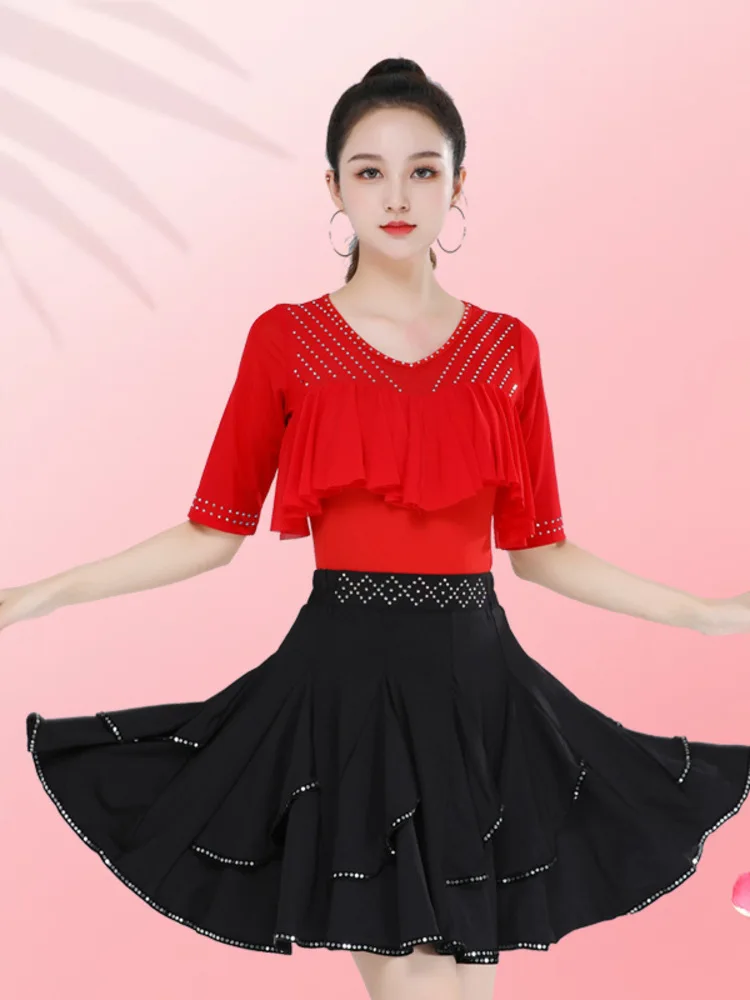 Middle Sleeves Ballroom Dance Competition Skirt Wear Dancewear Classical Rhinestones Waltz Stadium Modern Luxury Latin Women Top