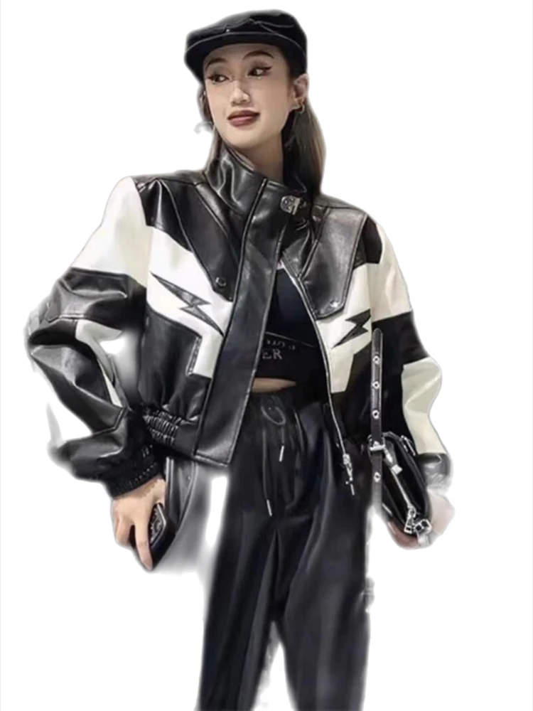 Women Zipper Embroidery Fashion Motorcycle Short Coat Stand Collar Splicing and Contrasting Colors PU Leather Jacket