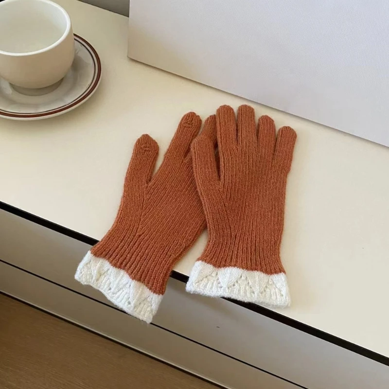 Stylish Knitted Thermal Gloves Thick Gloves Stylish Lace Thermal Theme Gloves Winter Warm Full Finger Gloves