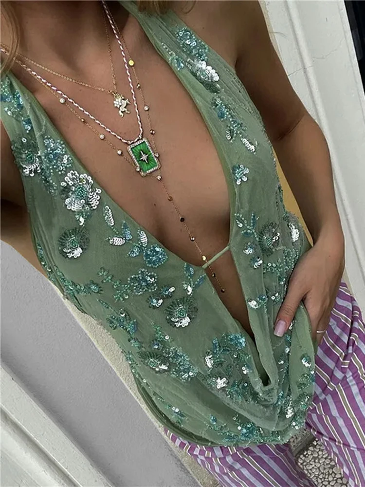 

Sexy Shiny Diamonds Deep V-neck Vest Women Hollow Out Backless Sleeveless Tops Female 2025 Summer Fashion Chic High Street Top ﻿