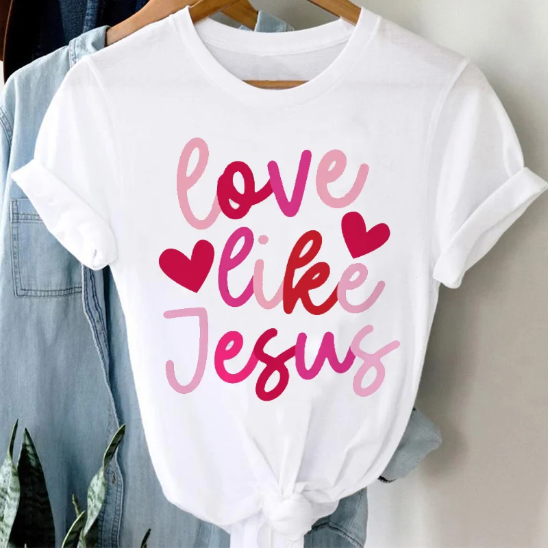 Short Sleeved T-Shirt Cute Ladies Valentine's Day Cartoon Casual Short Sleeved Printed Letter Printed Pattern Sweet Top T-Shirt