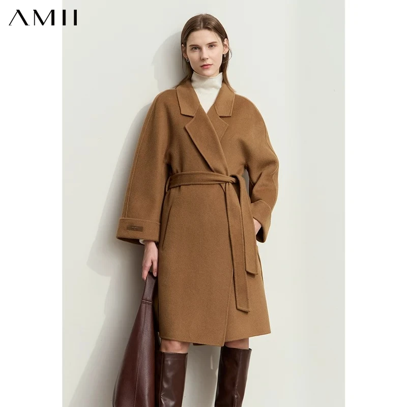 AMII Minimalist Woolen Coat for Women 2026 Winter New Warm Lapel Collar Long Sleeve with Belt 100% Wool Overcoat Female 12424009
