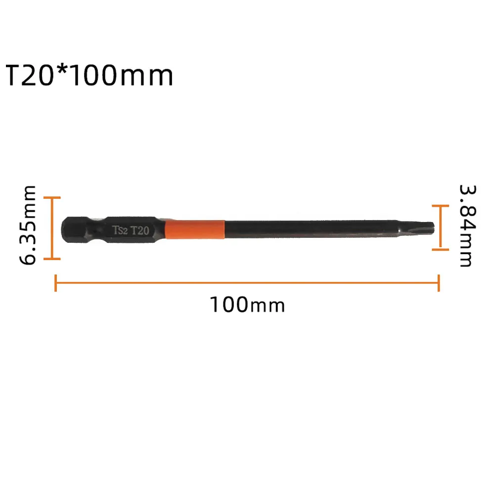 Brocas magnéticas de cabeza hexagonal para destornillador Manual eléctrico, 100mm, 1/4 pulgadas, T15, T20, T25, T30, T40, 1 unidad