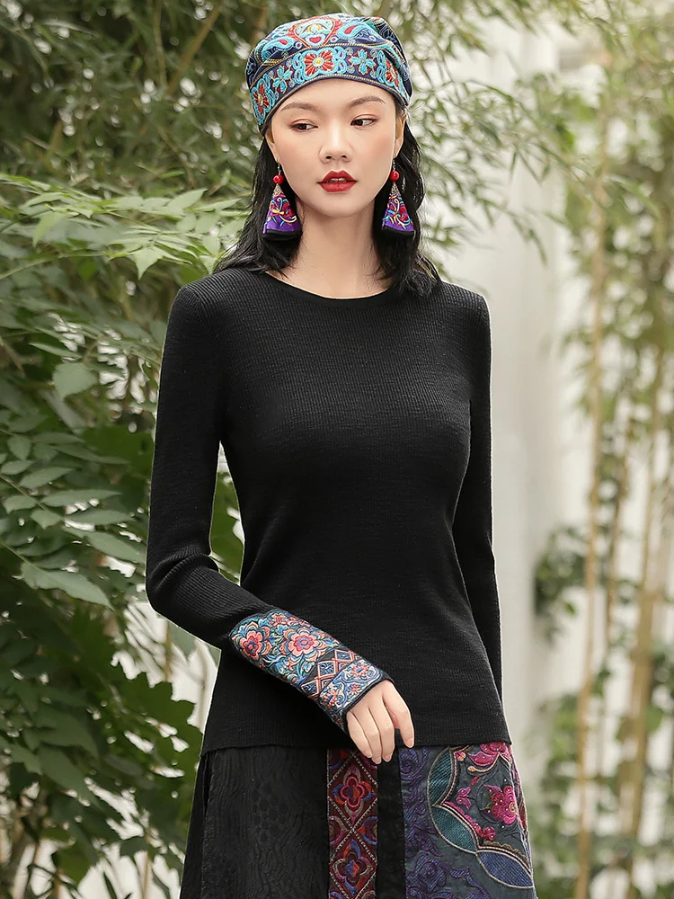 Chinese Vintage Long Sleeves Top Women Slim Black Embroidery Cotton Pullover O-neck National Style Blouse Spring Autumn T-shirt