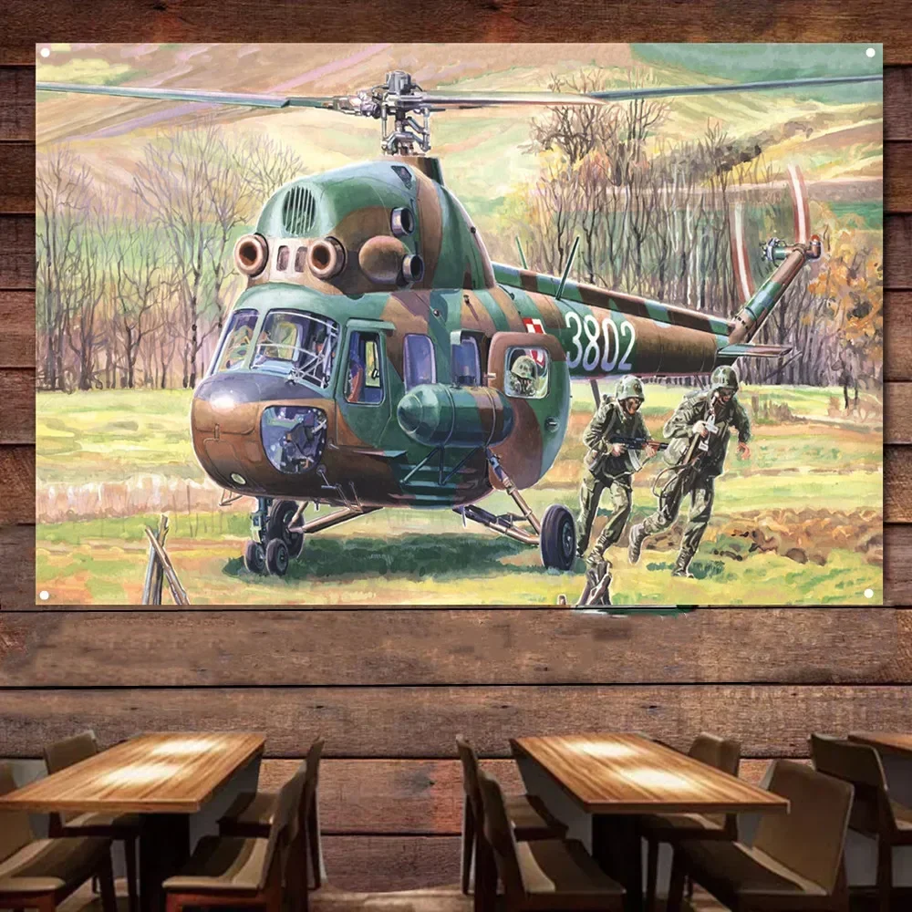 Mi-2T Commandos Transport Helicopter Wall Art Flag Tapestry - Aviation Military Art Posters Wall Decor Banner Gift for Army Fans