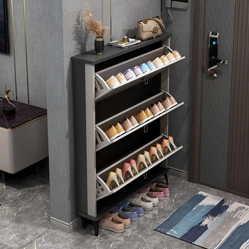 High Quality Modern MDF Natural Wood Black Waterproof Durable Entryway Shoe Cabinet Ultra Thin Slim Design 20-23 Pair Capacity