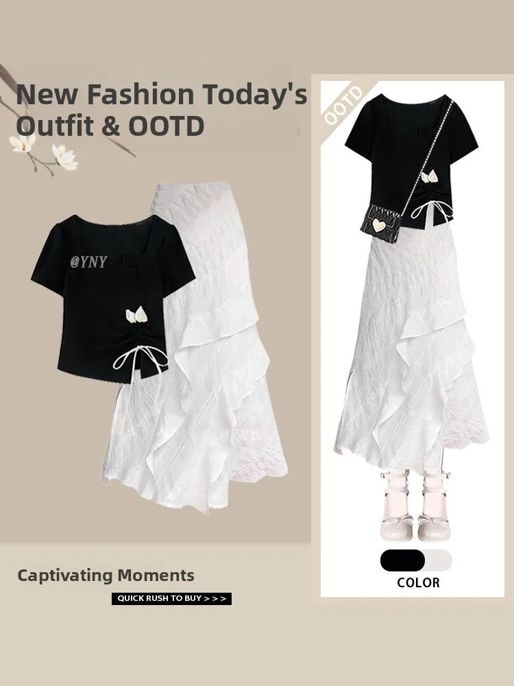

Korean Style Fashionable Slimming High Waist Short Sleeve Top And Skirt Two Piece Set Youthful Elegant Casual Wear