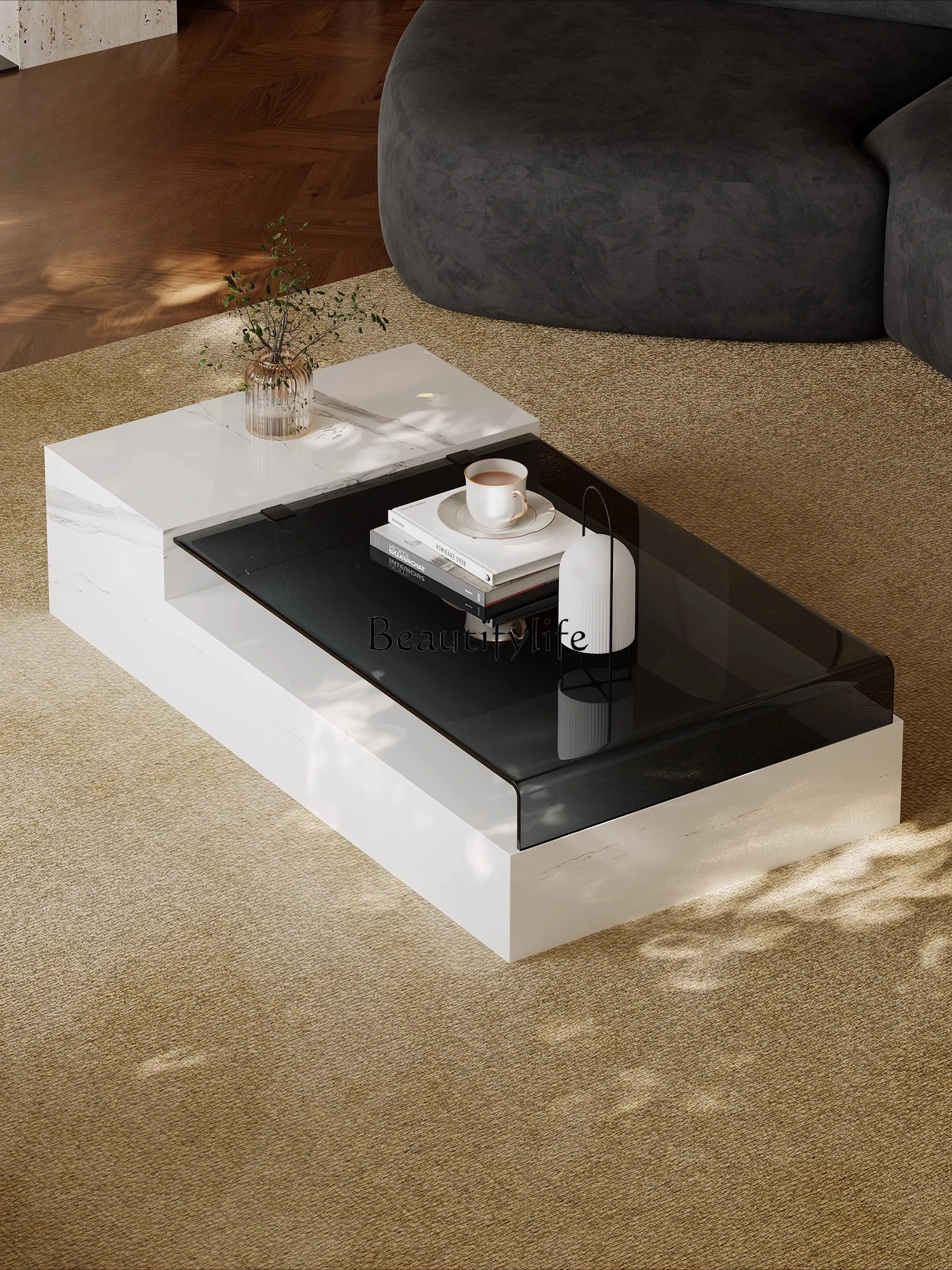 

Light luxury high-end rock slab coffee table large apartment living room modern minimalist high-end atmospheric glass tea table