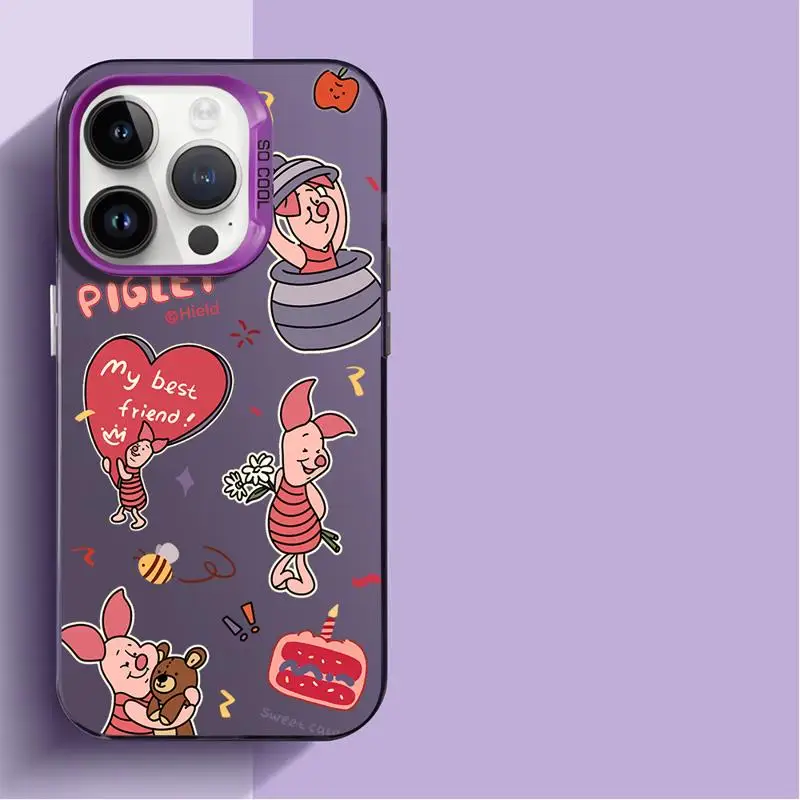 Matte Phone Case for iPhone 15 14 13 12 11 pro Max 15plus 14plus Disney Cartoon Piglet Tigger Colorful Silver Acrylic Hard Cover