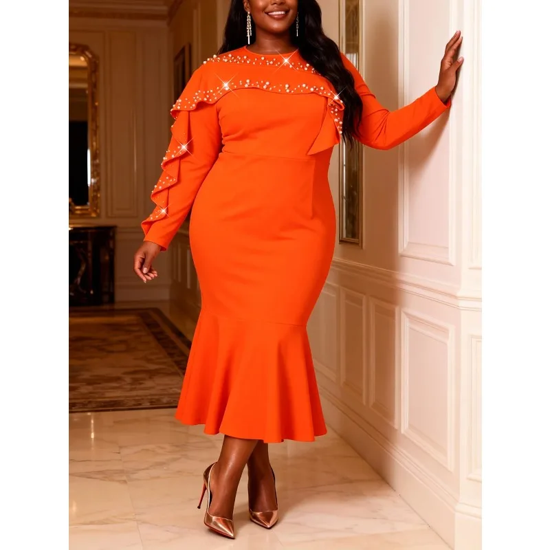 

Plus Size African Dresses for Women Summer 2026 Africa Elegant Long Sleeve O-neck Polyester Orange Long Maxi Dress Outfits
