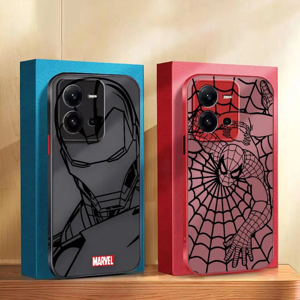 Matte Case Funda Coque For VIVO V25 23E 21E 21 20 19 17 15 11 11I 5 SE S9 6 5 1 PRO PLUS 5G Case Line Drawing Spiderman Iron Man