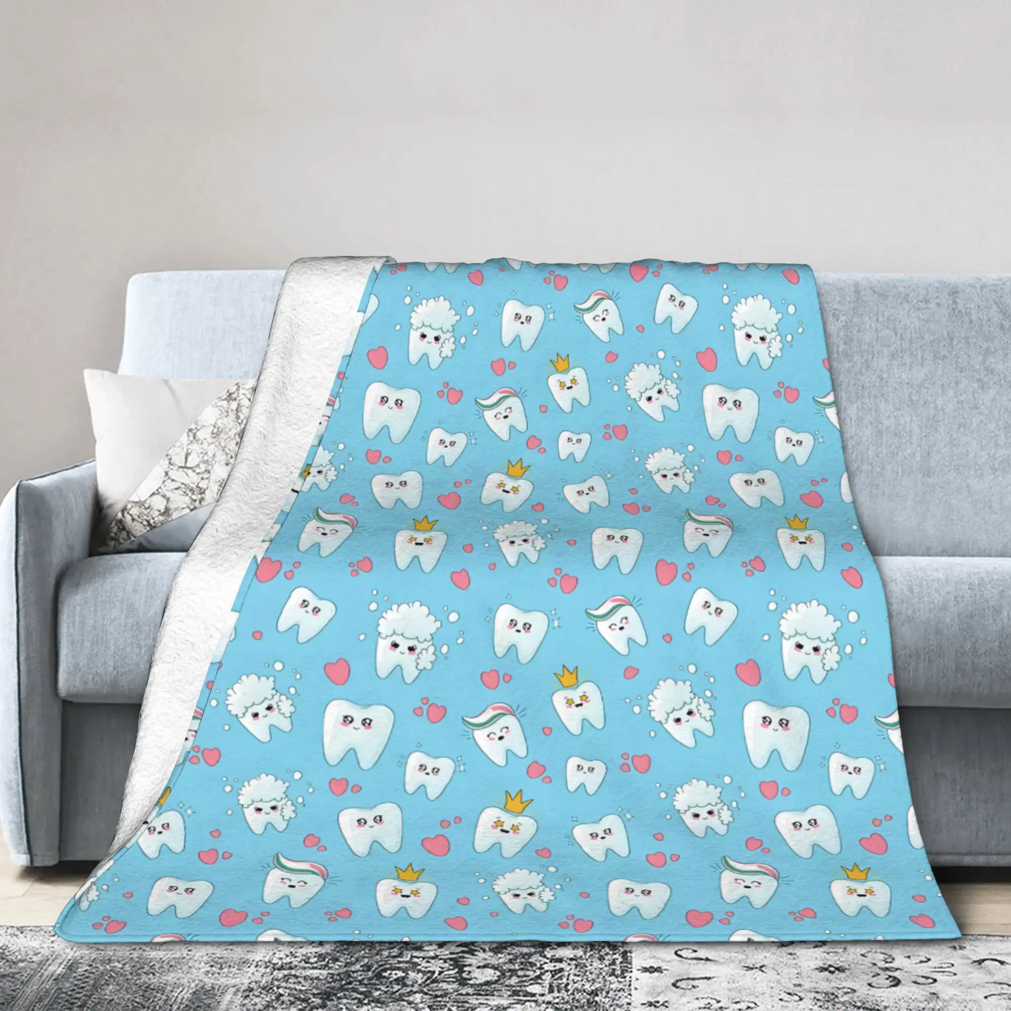 Custom Kawaii Healthy Teeth Pattern Tooth Blankets Warm Flannel Care Dental Health Throw Blanket for Bedroom Office Bedspreads