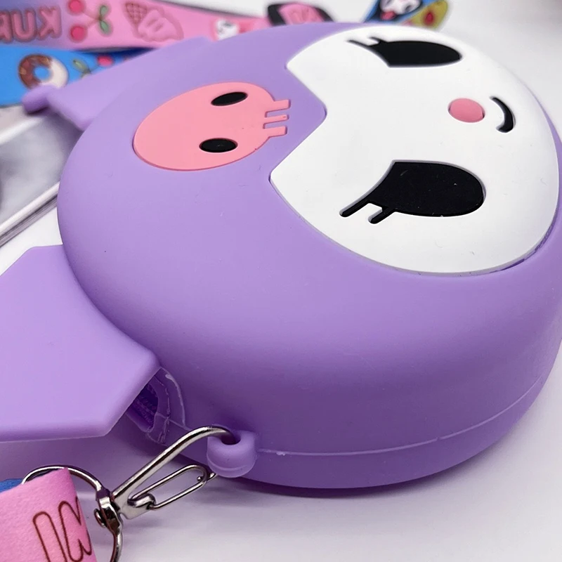 Sanrio kuromi moda saco crossbody bolsa de armazenamento dos desenhos animados 3d silicone bolsa de ombro anime figuras dos desenhos animados brinquedo presente do miúdo