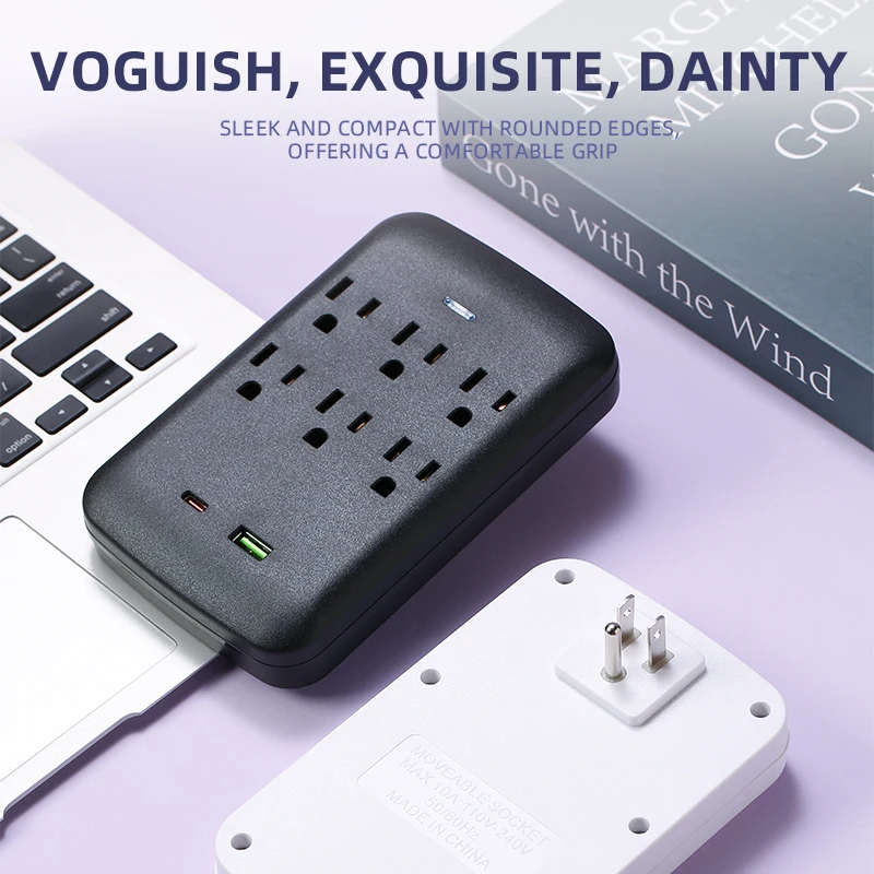 US standard travel adapter, wall socket, 6 AC sockets US plug, 1 USB port, 1 Type-C port, expansion converter