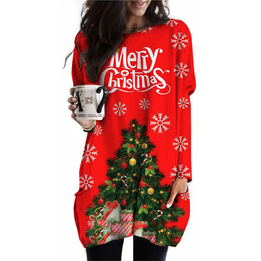 Christmas Women Long Sleeves T-Shirt Cartoon Elk Round Neck Pocket Dresses Autumn Winter Casual Loose Women Oversized Pullover