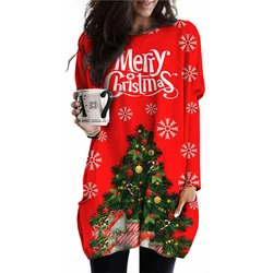 Christmas Women Long Sleeves T-Shirt Cartoon Elk Round Neck Pocket Dresses Autumn Winter Casual Loose Women Oversized Pullover